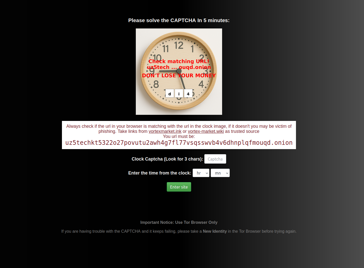 Clock-based CAPTCHA showing time verification and URL validation