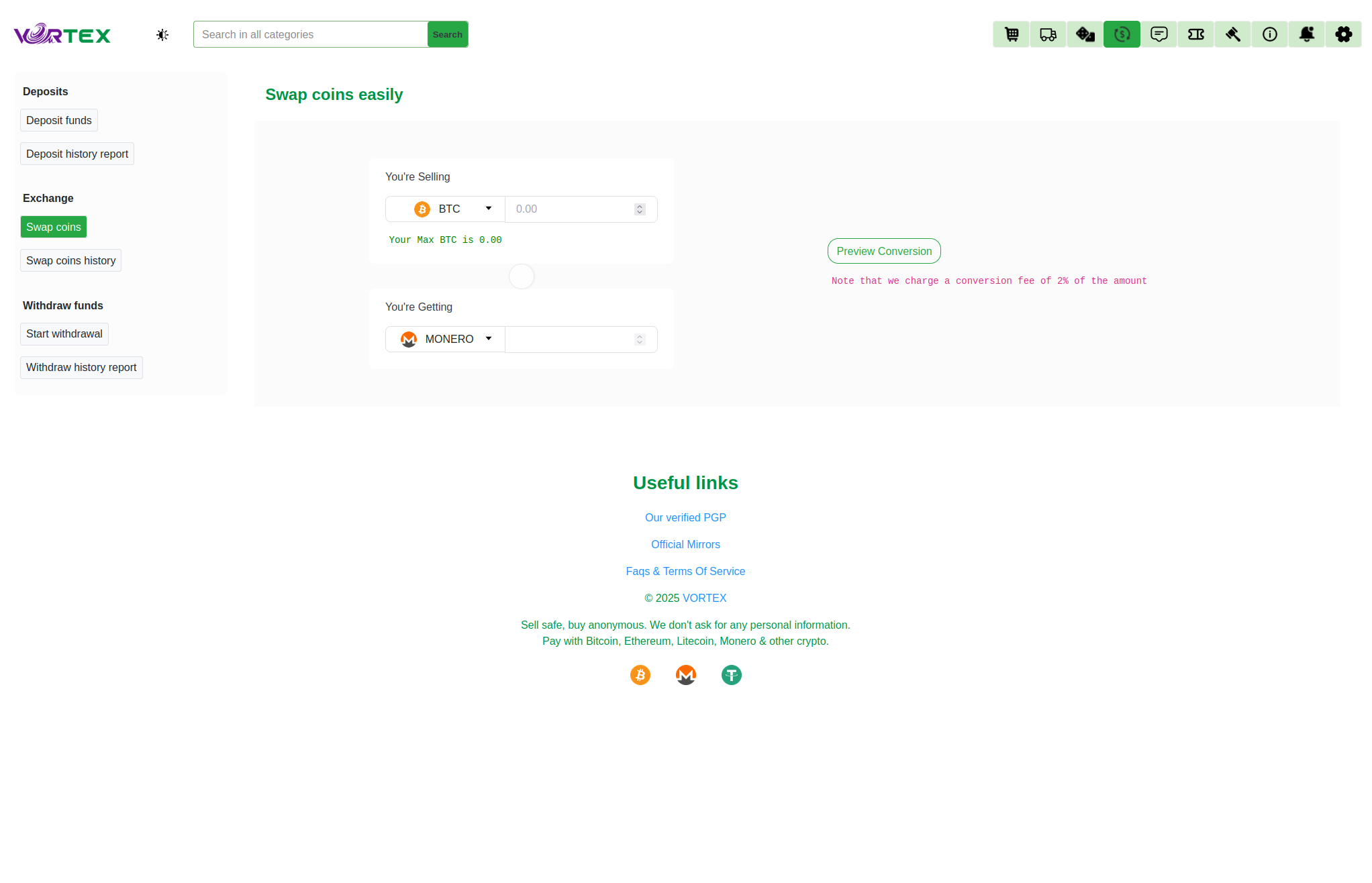 Vortex Market main trading interface showing dashboard and navigation