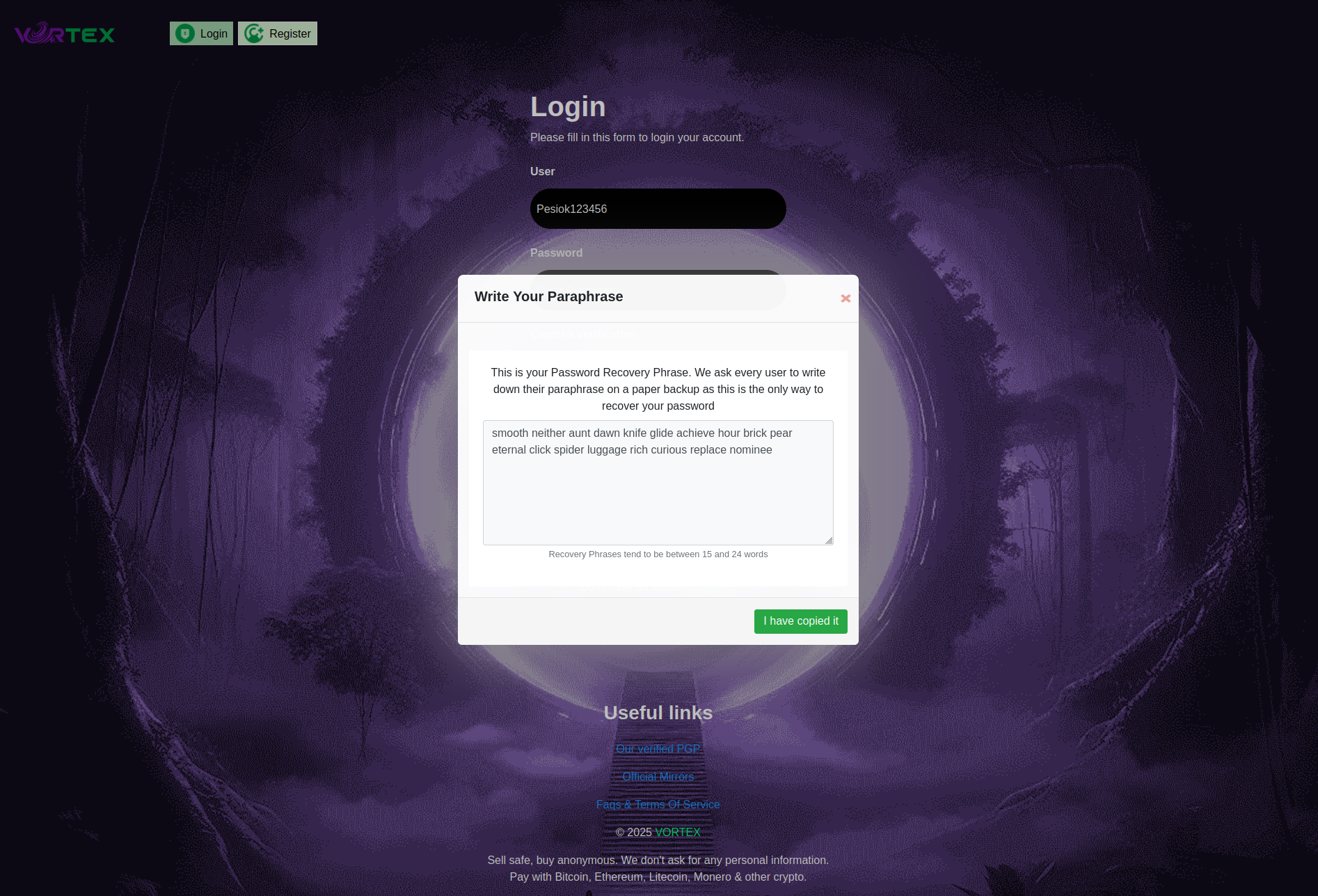 Mnemonic recovery phrase display with security instructions