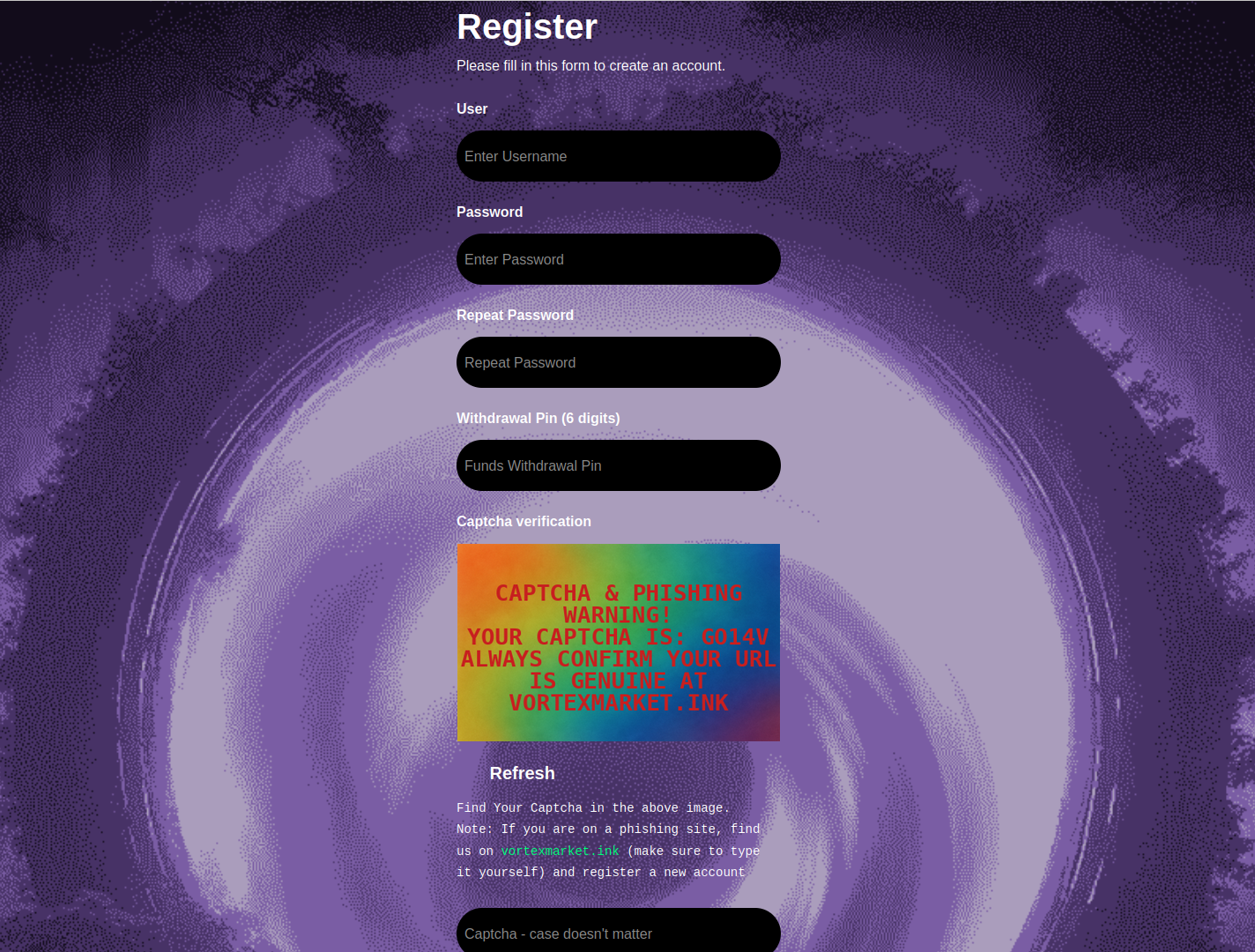 Secure account creation interface showing username, password, and PIN setup